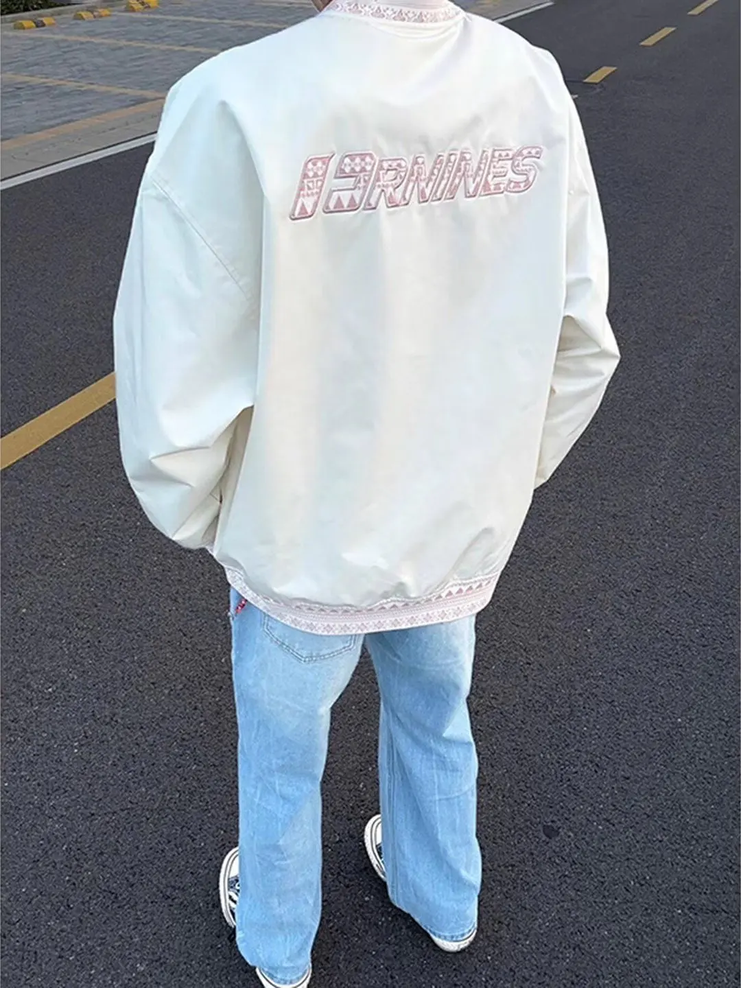 

Retro American Ethnic Embroidered Baseball Jaet Loose Casual Spring Autumn ex Couple's Jaet Trendy Long Sve Zipper