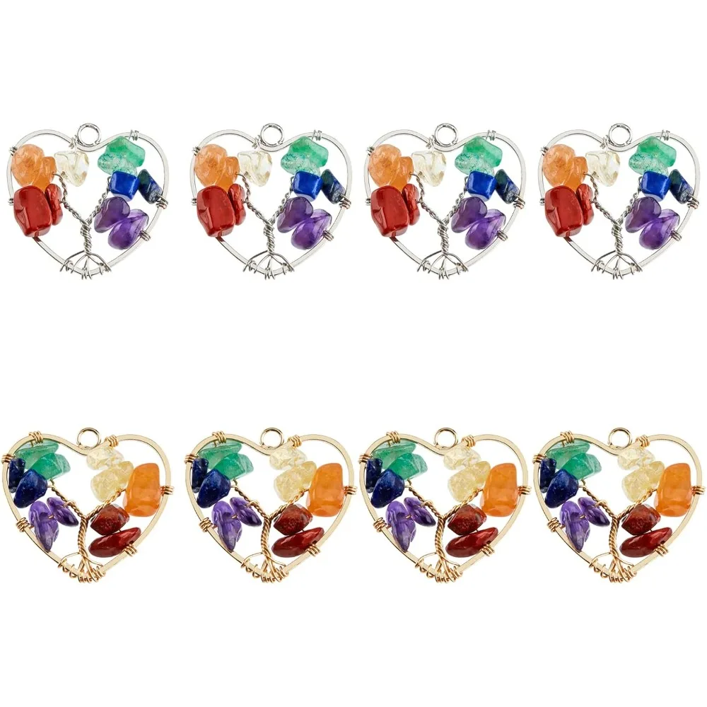 8Pcs 2 Colors Heart Tree of Life Gemstones Pendant Crystal Quartz 7 Chakra Crystals Gemstones Charms Life of Tree Pendant Charms