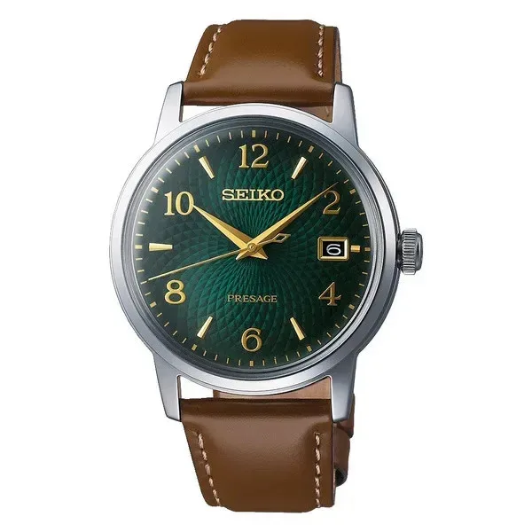 Casual Seiko Green Watches for Men Simple Dial Design Quartz Movement Leather strap Auto Date Casual Wristwatch for Male Clock