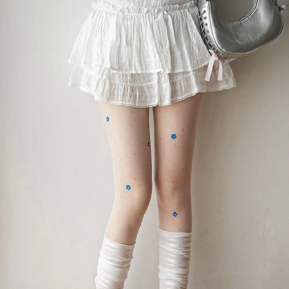 Street Fashion Y2K Rhinestone Pantyhose Stretch Dopamine Silk Stockings Shiny Transparent Flower Tights Girls