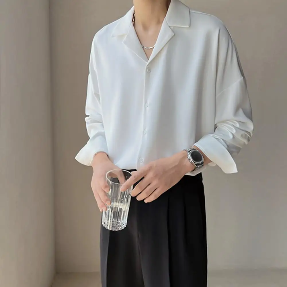 Solid Color Men Shirt Men's Loose Fit V Neck Business Shirt with Long Sleeves Solid Color Formal Office Top for Spring