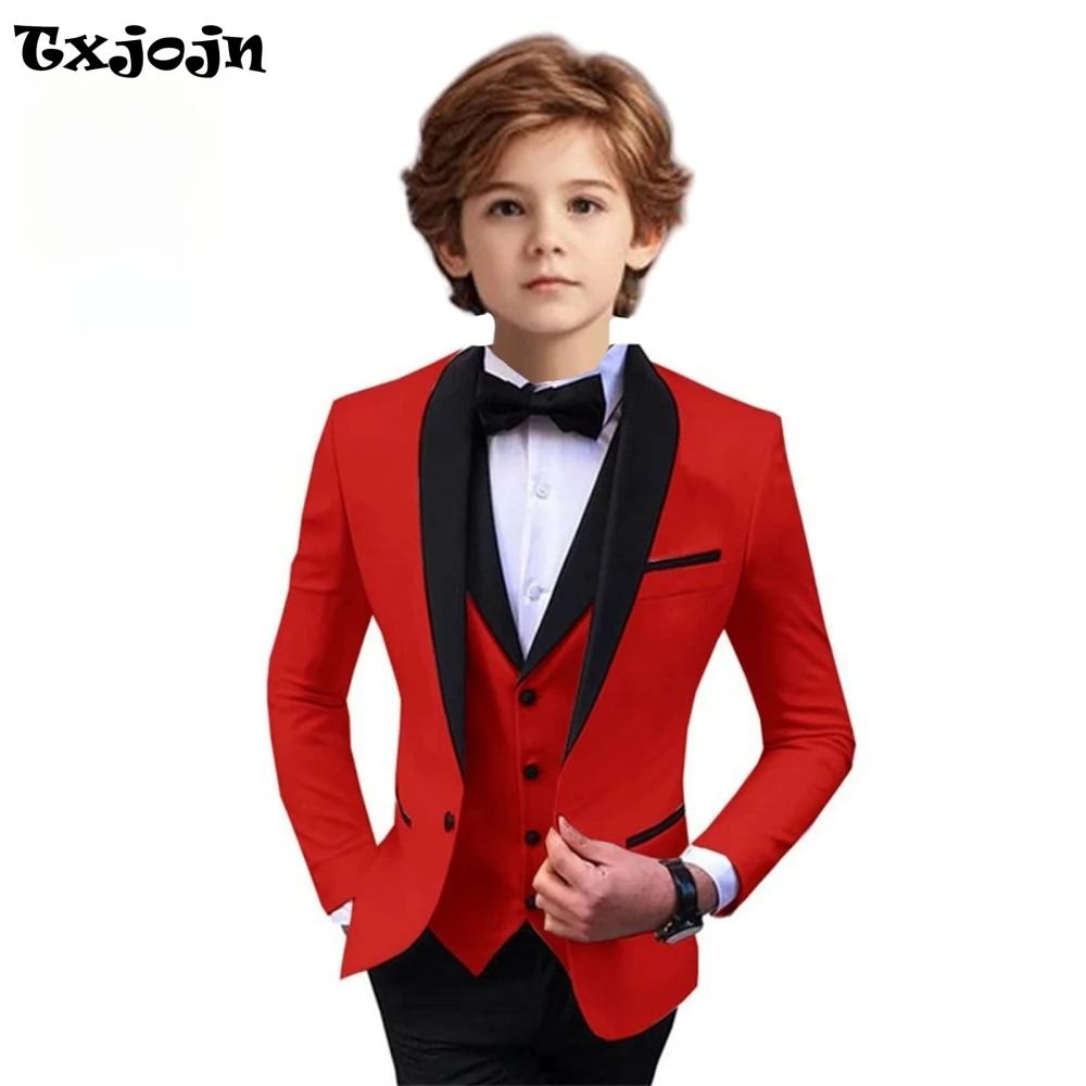 Handsome Smart Shawl Lapel Boys Suits Red 4 Pieces Tuxedo For Kids Birthday Party One Button Child Suit Set New Year Sets 3-14Y