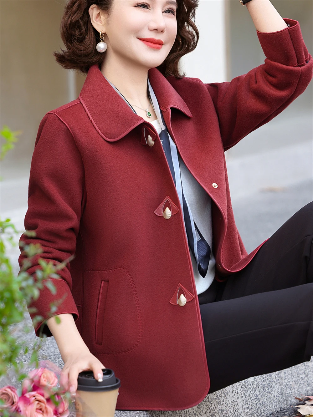 

Faionable Woolen Coat for Middle-Aged And ly Women Spring Autumn Warm Outerwear Cardigan Sle Button up Pure Color