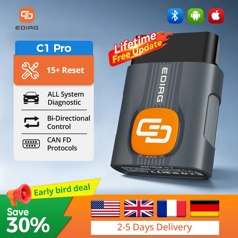 NEW EDIAG C1 Pro AI-Assisted Automotive Diagnostic Tool OBD2 Scanner CAN FD Bi-Directional Control All System Diagnostic Tool, Bidirectional Scan Tool 15+ Hot Resets Service, CANFD, FCA AutoAuth ABS SRS Transmission Lifetime Free Update