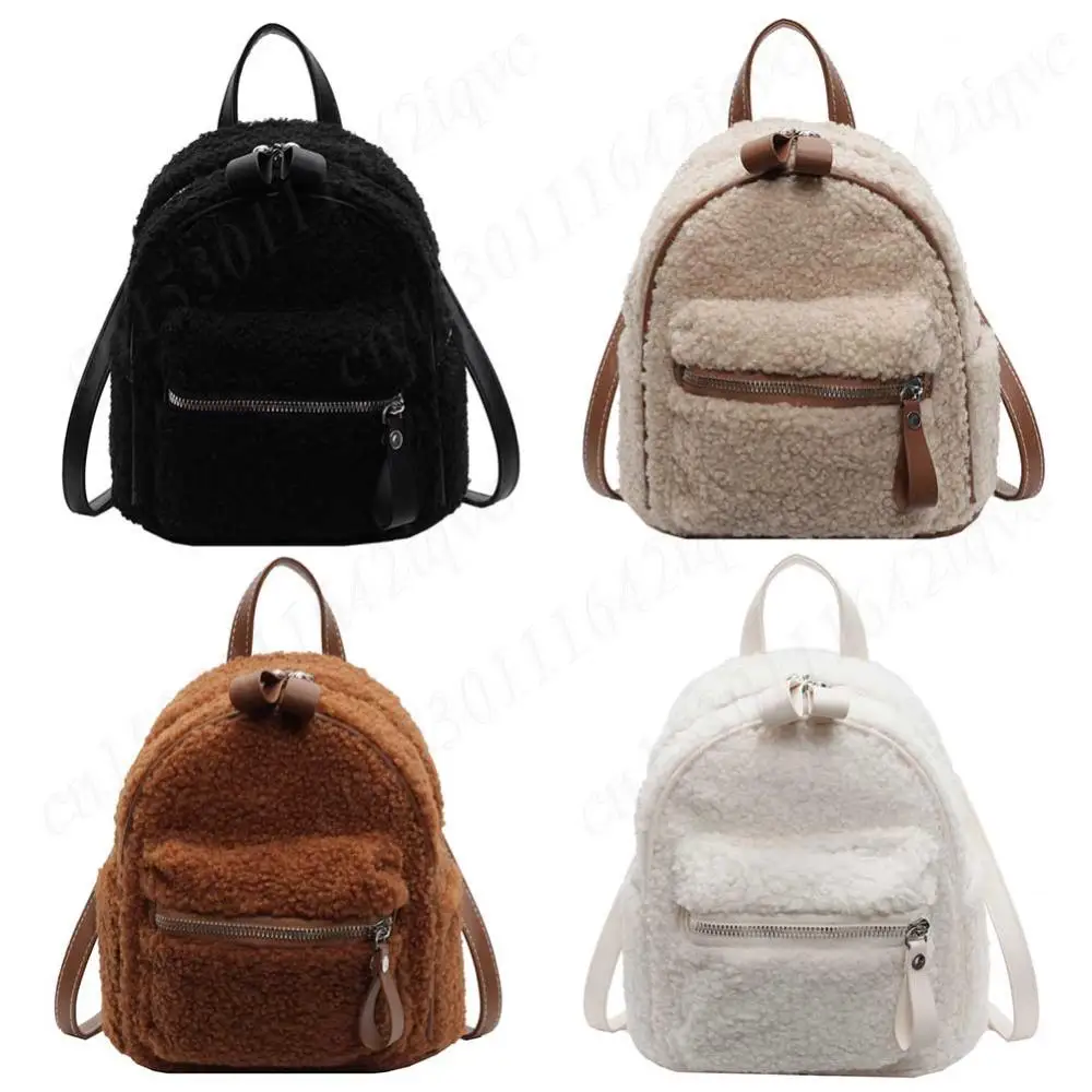 Women Plush Mini Shoulder Bag Fuzzy Backpack with Multi-Pockets Handbag with Zipper Mini Schoolbag Mini Travel Bag