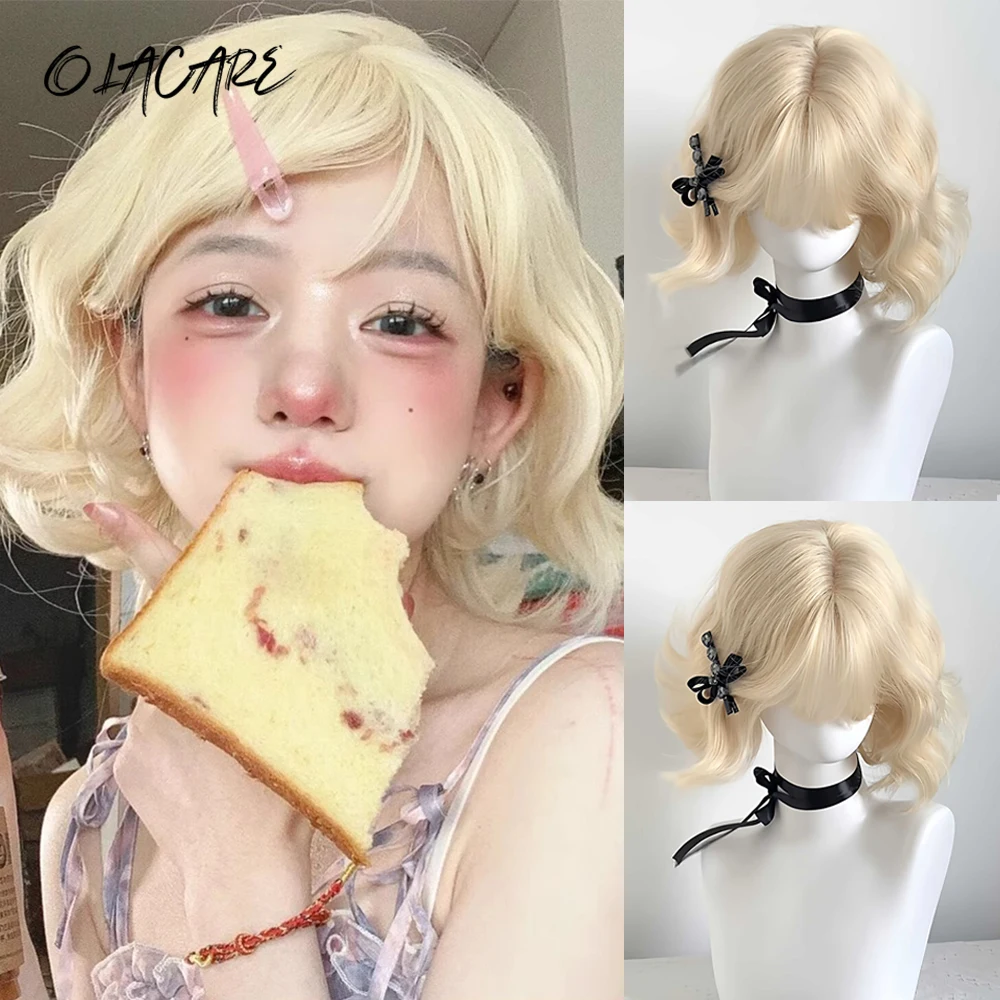 

Synthetic Wig Short Curly Hair 12 Inches Sweet Lovely White Gold Natural Fluffy Wool Volume Cosplay Lolita Full-Head Wig