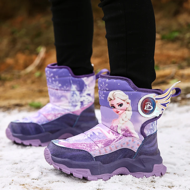 Sepatu Anak-anak Musim Dingin Putri Disney Elsa Sepatu Anak Perempuan Anti-selip Kain Mewah Sepatu Bot Salju Sol Karet Sepatu Bot Luar Ruangan Hangat Modis