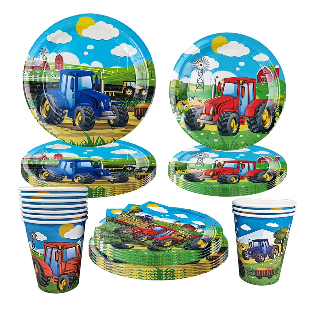 Cartoon Green Farm Tractor Disposable Tableware Plate Paper Cup Napkins Kids Boys Farm Theme Birthday Party Decor Supplies