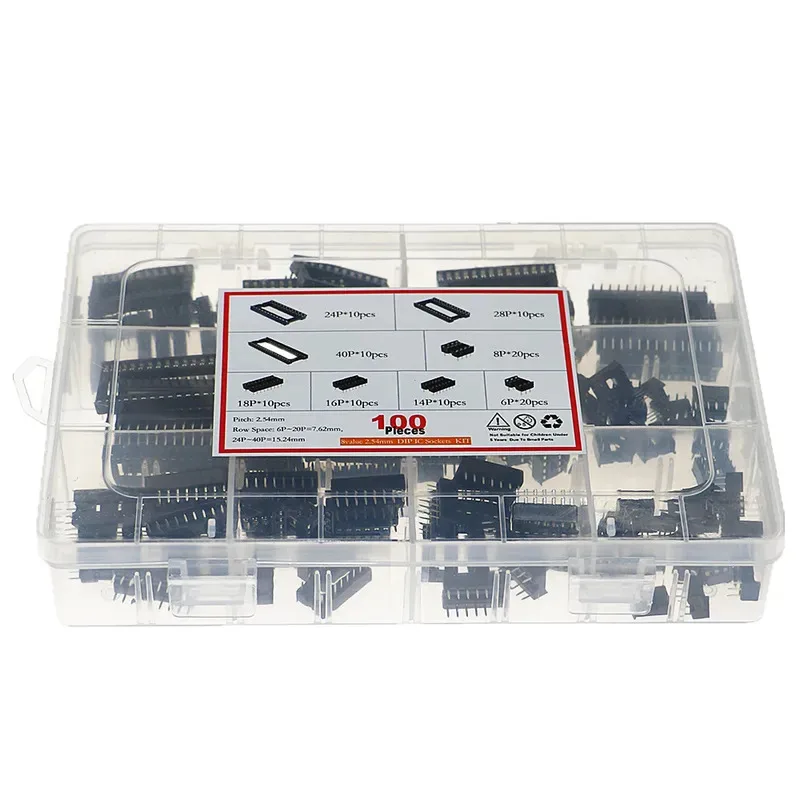 100Pcs 2.54mm Pitch(6/8/14/16/18/24/28/40 Pins)DIP IC Sockets Solder Type Adaptor Assortment Kit
