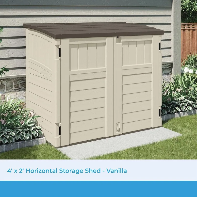 Suncast 34 Cu Ft Capacity Horizontal Outdoor Storage Shed for Garbage Cans, Garden Accessories, Backyard, and Patio Use, Vanilla