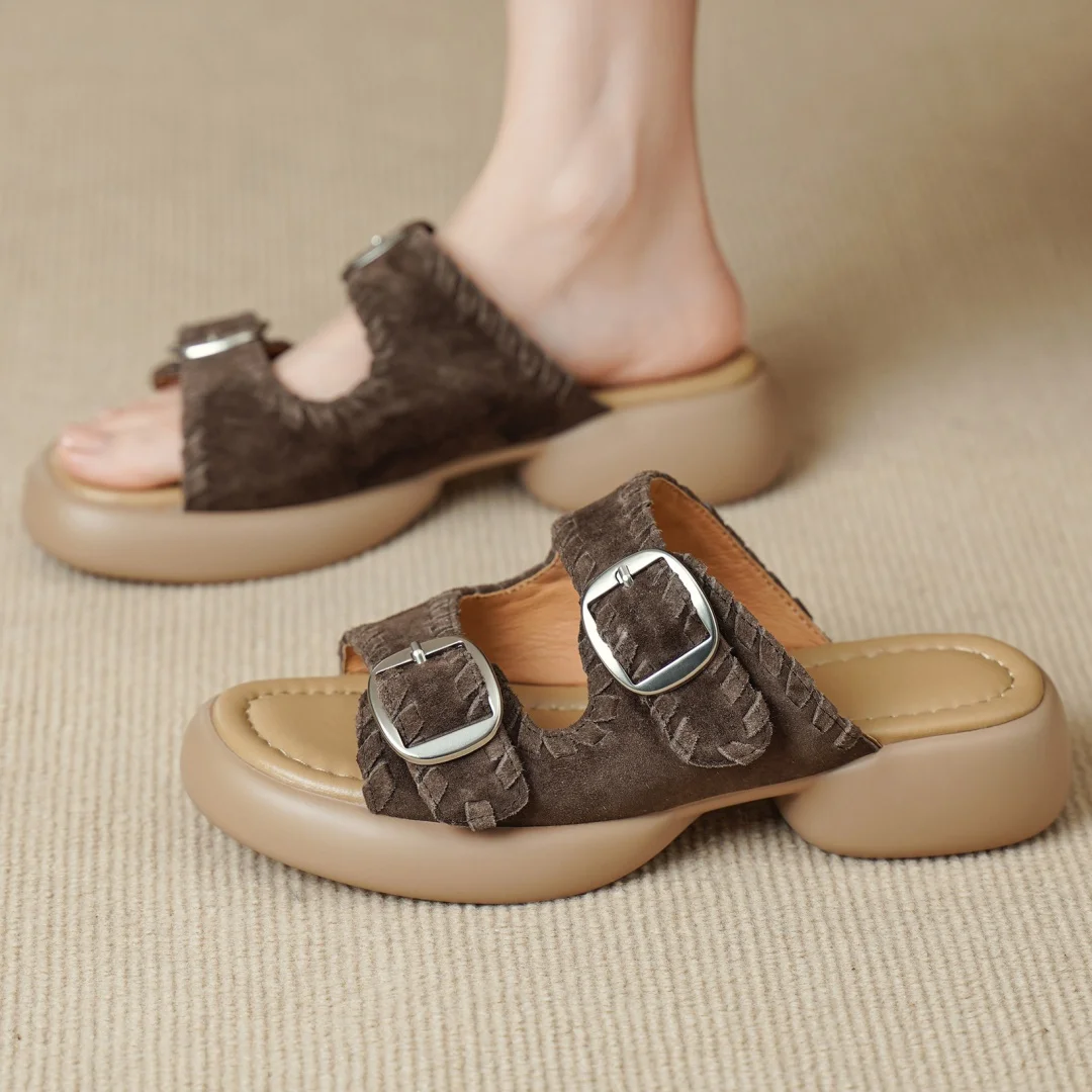

danxuefei women's natural suede leather narrow band open toe summer slip-on sandals thick sole platform flats slides casual shoe