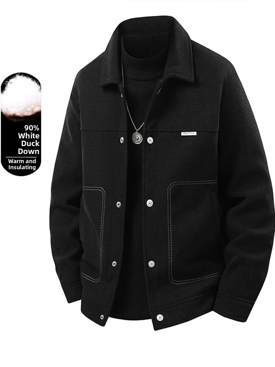 

Мужская зимняя утепленная шерстяная повседневная куртка-пуховик с отложным воротником, модный дизайн, контрастная цветовая строчка, теплая верхняя одежда с отложным воротником