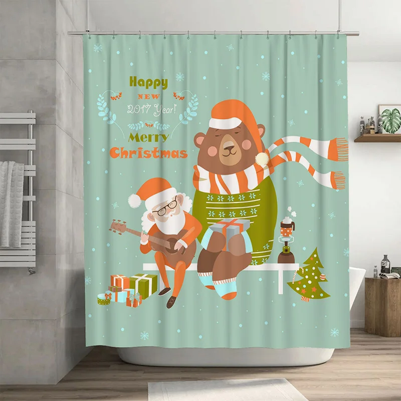 

TU Christmas Shower Curtain Cute Santa Bear Holiday Festive Bathroom Decor Waterproof Fabric Xmas Home Decor Gift