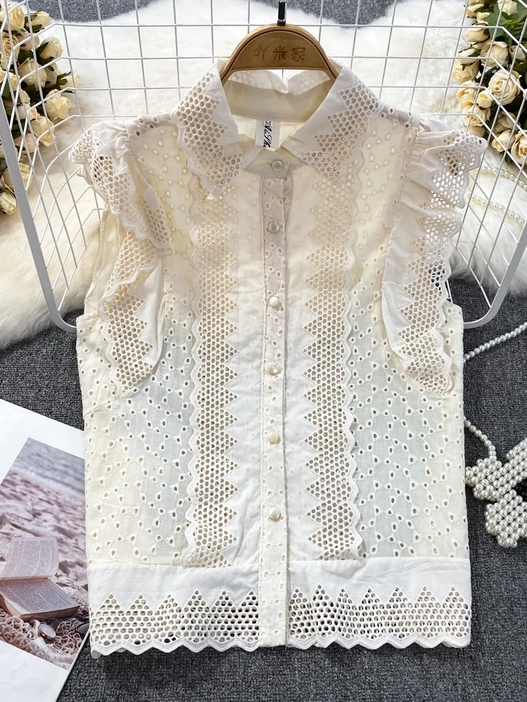 Water Soluble Lace Blusas Femme Patchwork Hollowed-Out Embroidery Sleeveless Shirts Single Breasted Loose Cotton Blouses