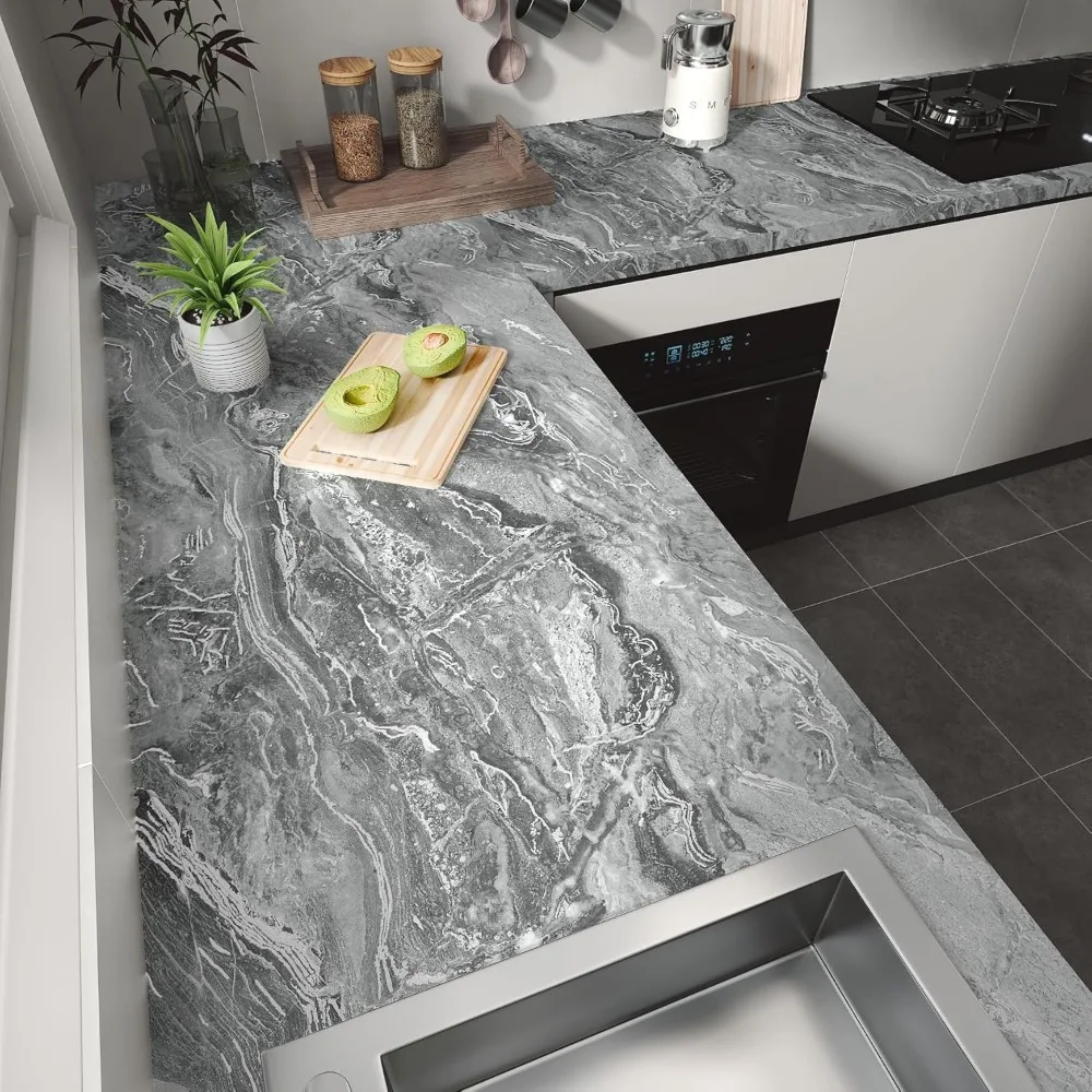 ورق اتصال قابل للتقشير واللصق على سطح الطاولة باللون الرمادي الفضي، مقاس 160 × 36 بوصة، غلاف فينيل لعدادات المطبخ والحمام