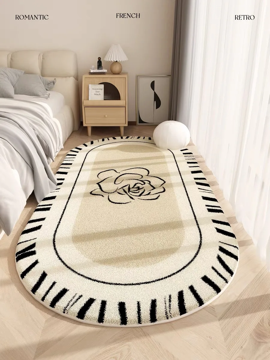 VIKAMA French Deluxe Plush Carpet Bedroom Bed Blanket Rose Oval Blanket Machine Washable Household Carpet Non-Slip Mat