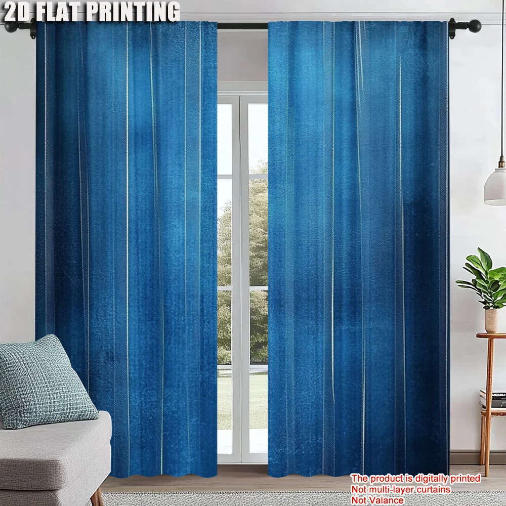 

2Pcs Blue Window Curtains Rod Pocket Design For Easy Hanging Perfect For Bedroom Living Room Decor Polyester Material Machine