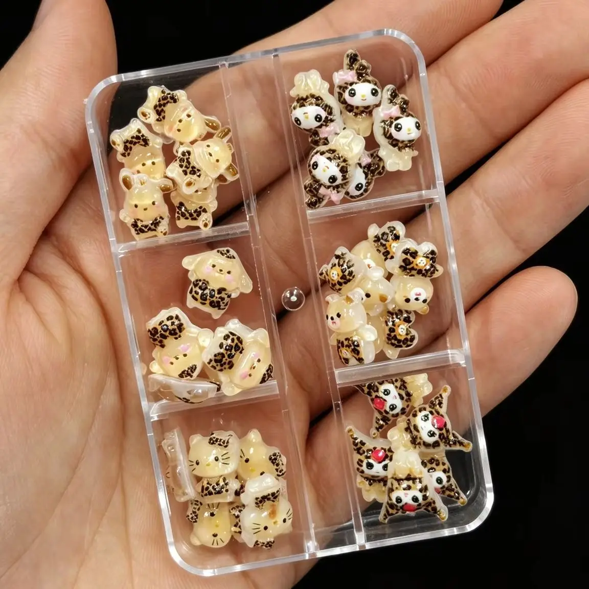 24PCS Leopard Print Sanrio 3D Resin Nail Charms Mixed Hello Kitty Kuromi My Melody Kawaii DIY Manicure Nail Art Decorations