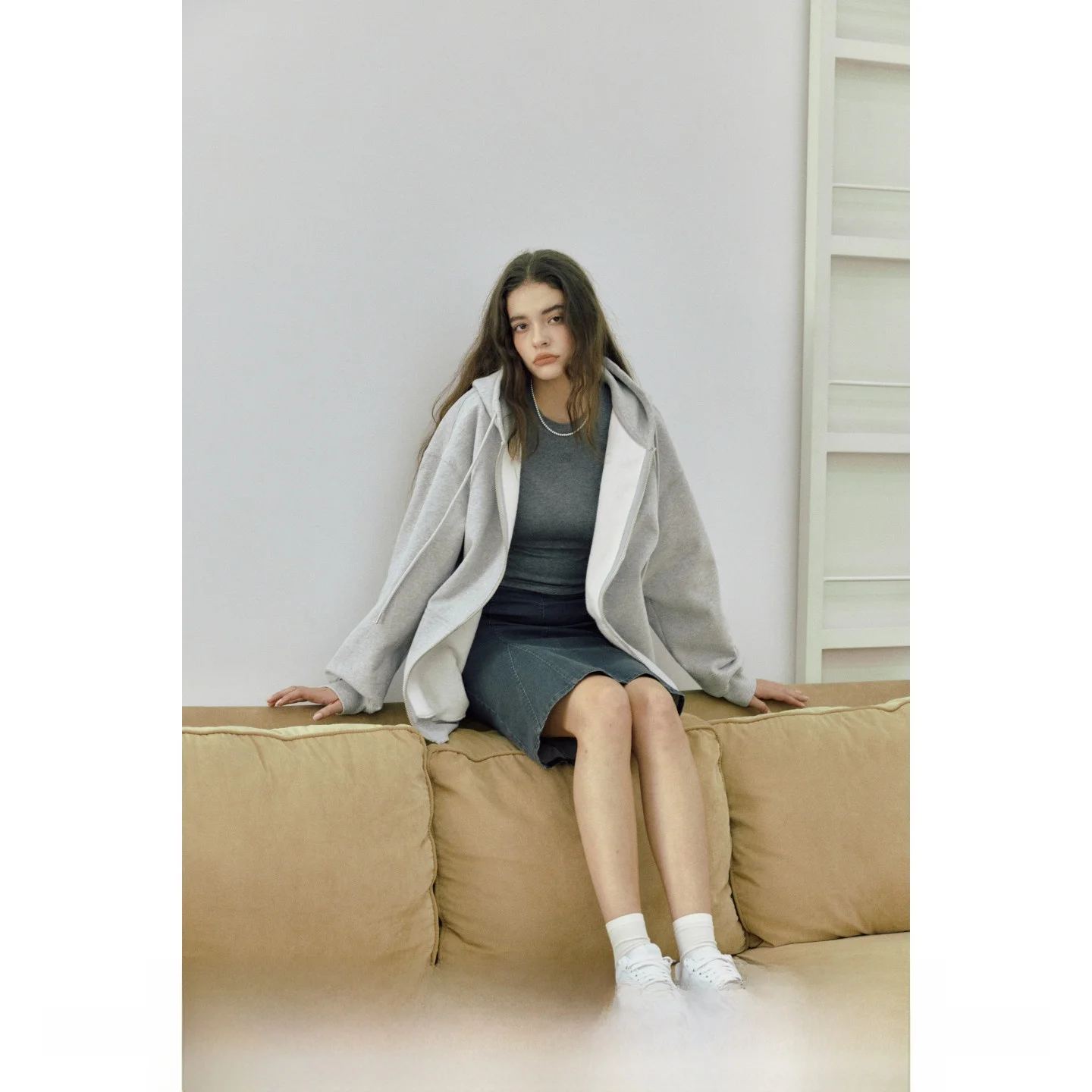

Basic Mid-Sleeve Base Shirt Long Sve Laconic White Deep Grey Women's Casual Style Standard Fit Cotton Blend T-Shirt