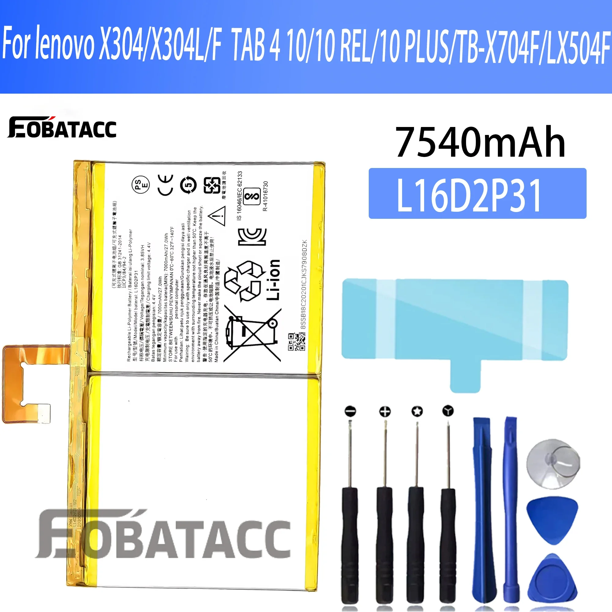 

100% New Original Battery L16D2P31 For lenovo X304/X304L/F TAB 4 10/10 REL/10 PLUS/TB-X704F/L X504F/L Battery + Free Tools