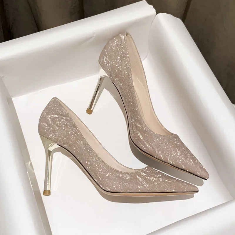 

New Style Woman Pumps Silver Champagne High Heels Stiletto Wedding Shoes Sequins Women Heels Fashion Ladies Dress Party Shoes