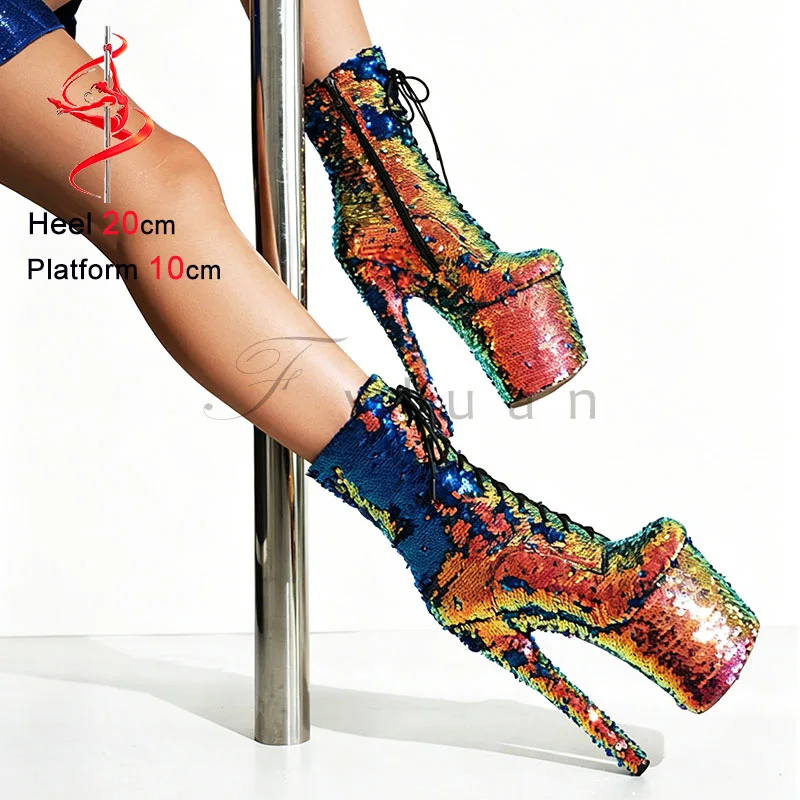 

Glitter Short Boots Gold And Blue Vibrant Metallic Sequined 20cm 8'' Women Ankle Boots Platform Stiletto Heels Pole Dance Shoes