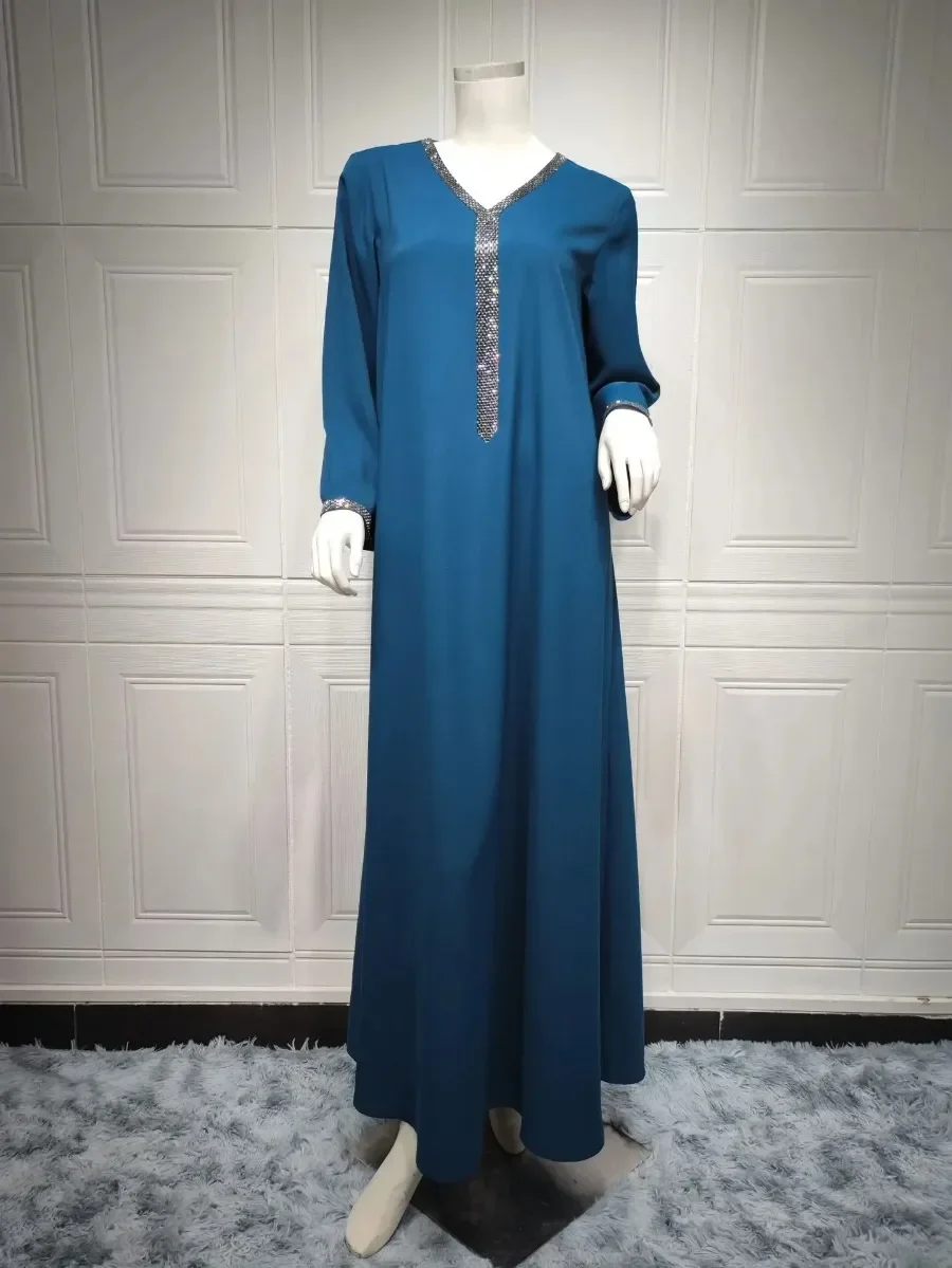 Abayas for Women Summer Elegant Muslim Long Sleeve V-neck Polyester Long Maxi Dress Kaftan Muslim Dress Abaya Dubai Outfits