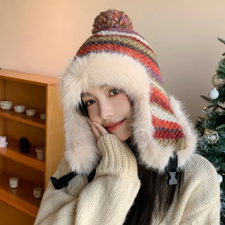 

2025 new rainbow knitted Lei Feng hat children's winter velvet thickened warm ear protection cold