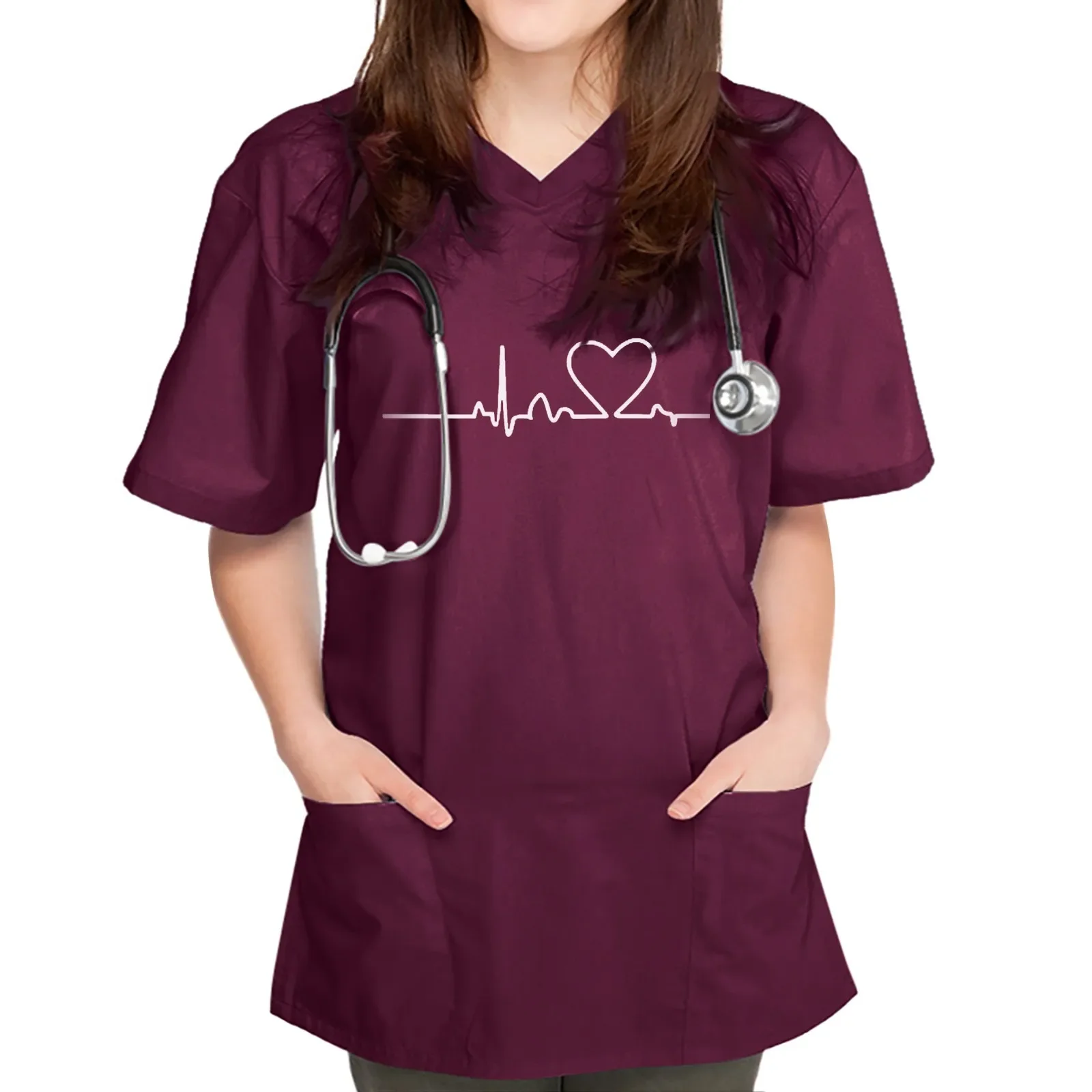 

Women Heart Print Nurses Uniform Short Sleeve V-neck Tops Working Uniform Printing Pocket Blouse Tops Pet Grooming Uniforms New