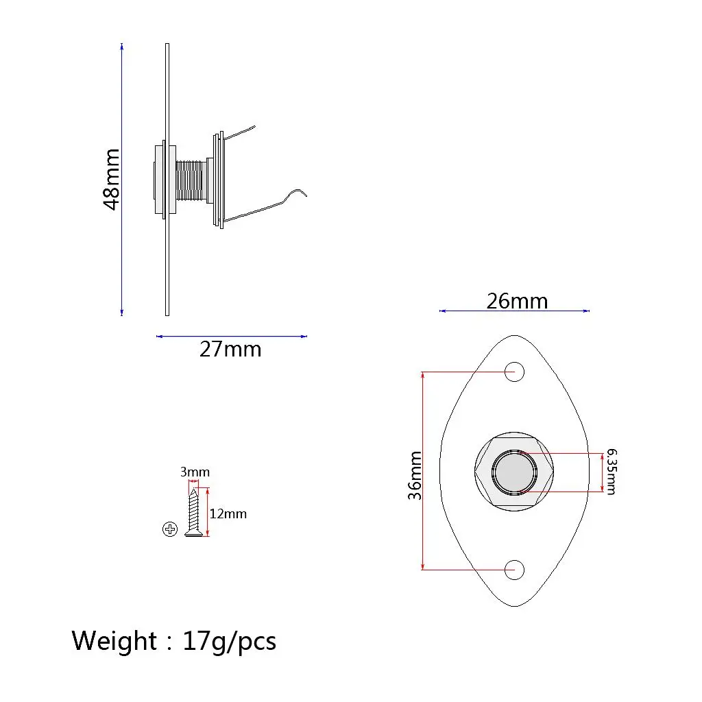 Soket pelat Output gitar 6.35mm 1/4 ", untuk gitar listrik