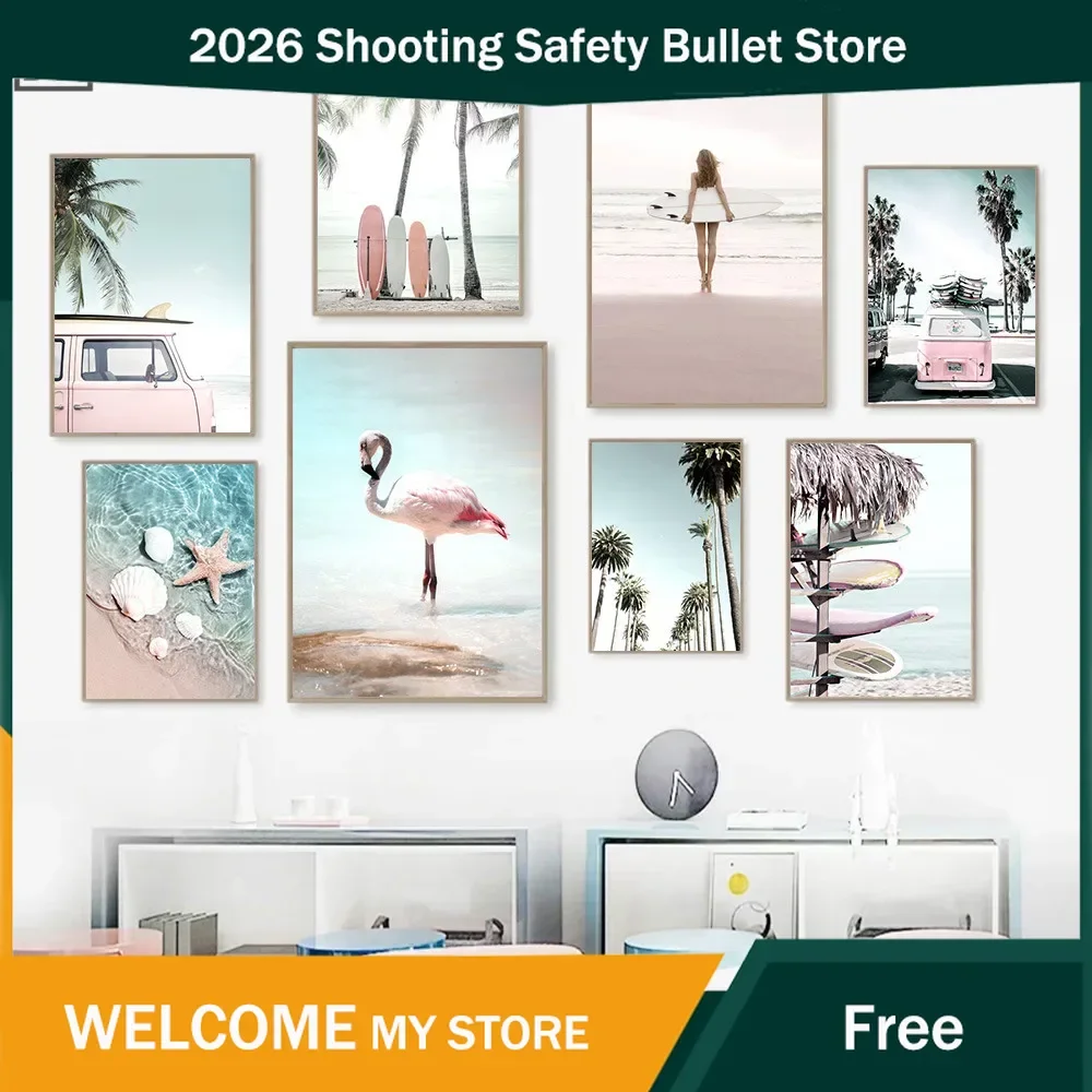 Seestern Muschel Surferin Gemälde Strand Palme Surfbrett Leinwanddruck Rosa Auto Flamingo Wandkunst Poster Bilder Heim-Deko
