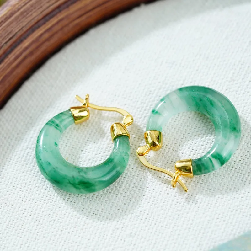 High Ice Floating Green African Jade Hoop Earrings S925 Gold Plated Silver Crescent Chinese Style Women Dainty Ear Jewelry