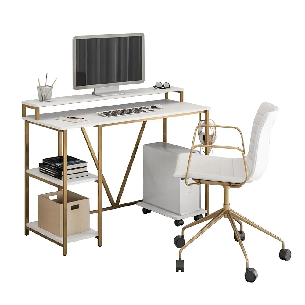 

Computer Desk - Industrial Writing Desk With Storage Shelves, Monitor Stand, & Accessory Holder - Home Office Laptop Computer