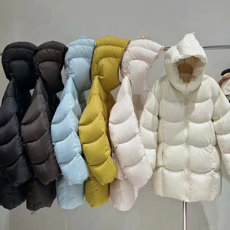 Winter Medium to Long Solid Hooded Down Jacket Women White Duck Down Parker Outwears Female Loose Thick Warm Quilted Jacket Coat