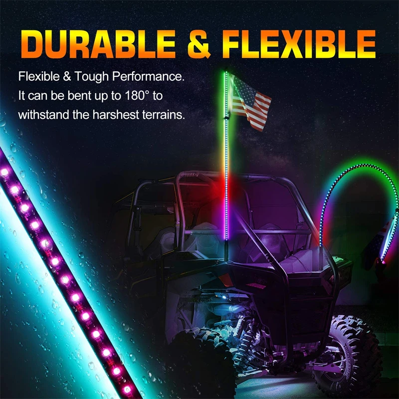 LED RGB Flagpole Whip Light  4FT 5FT  Motorcycle Lighted Spiral Antenna Car Signal Lamp with Remote Control for Jeep ATV UTV