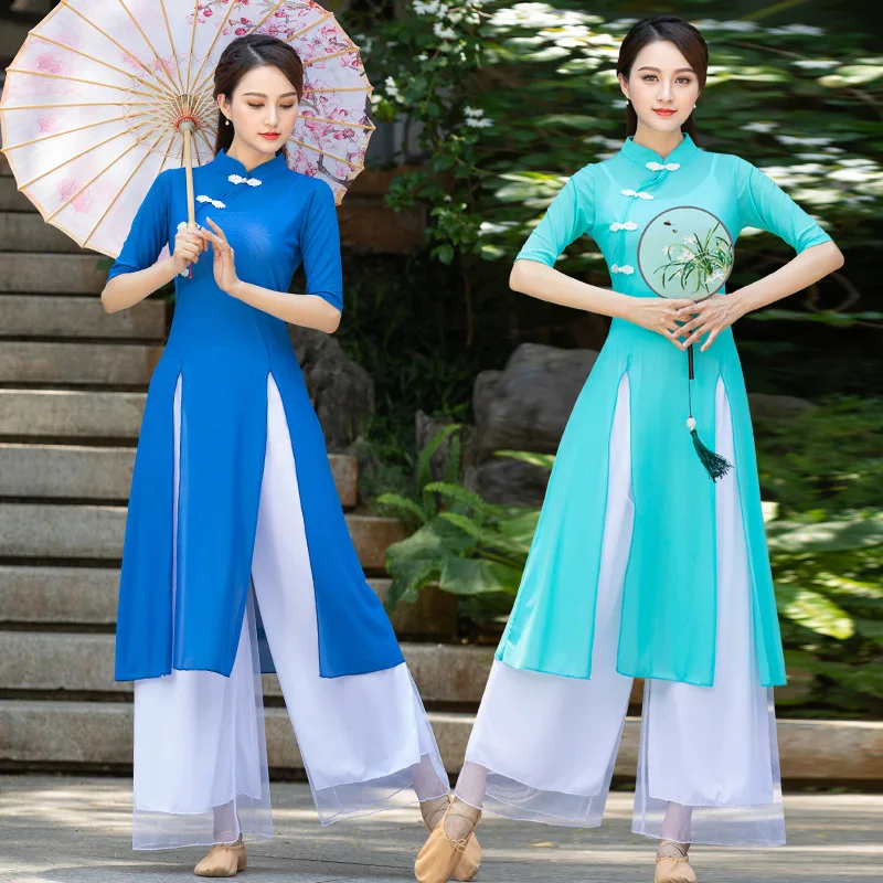 New set of square dance costumes, Chinese classical ethnic dance fan training suit, women's mesh dress, flowing qipao