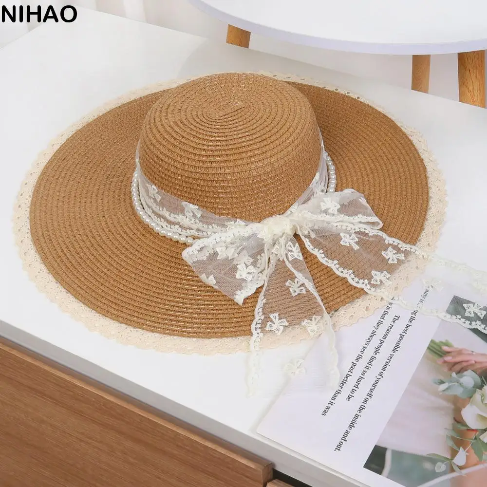 

Elegant Wide Brim Straw Hat Pearl Chain Breathable Lace Tied Sun Hat Lightweight Comfortable To Wear UV Protection Cap Girls