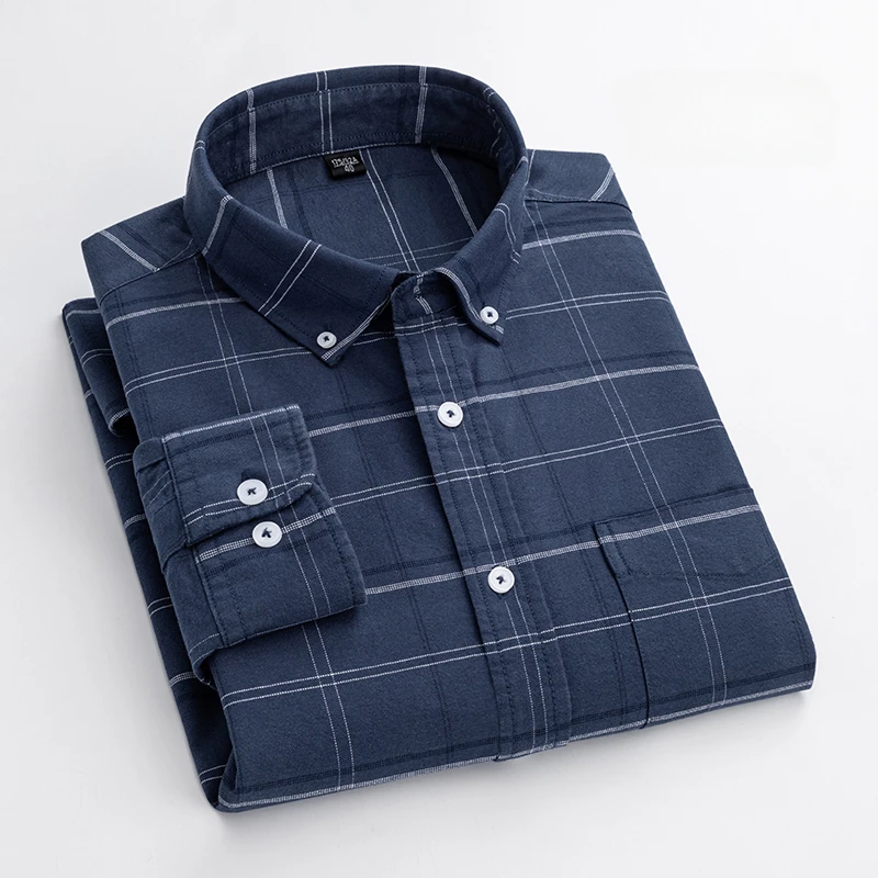 Fashion 100%Cotton Casual Long-Sleeve Shirts for Men Oxford Striped Plaid Tops Slim Fit Formal Shirt White Black Office Clothes
