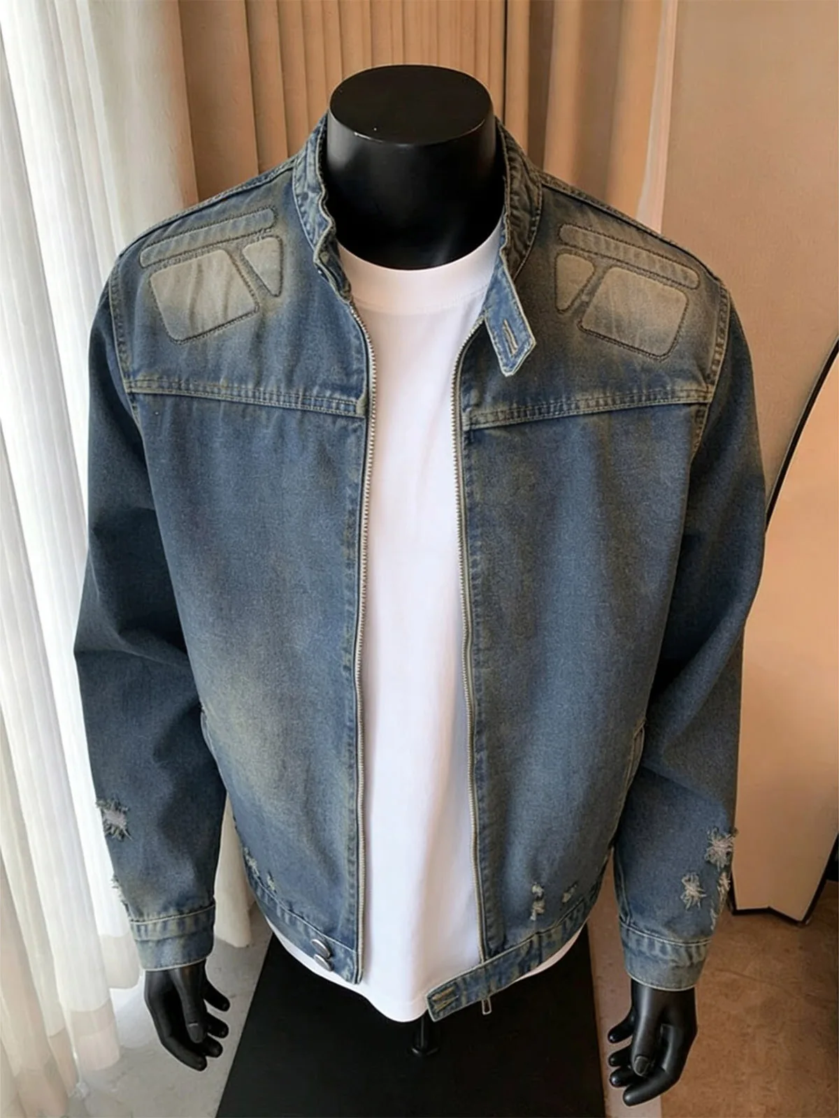 

Retro Style Men's Denim Jacket with Hole Design Stand Collar Asymmetrical Machine Embroidery Spring Fashion Outerwear