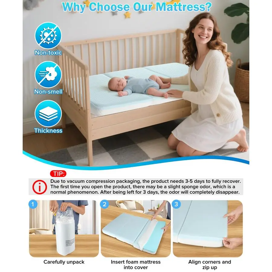 مرتبة سرير مقاومة للماء، مرتبة ثلاثية الطي مقاس 52 × 27.5 بوصة لسرير الأطفال الصغار، سجادة قيلولة من إسفنج الذاكرة المحمولة للسفر للأطفال الرضع،