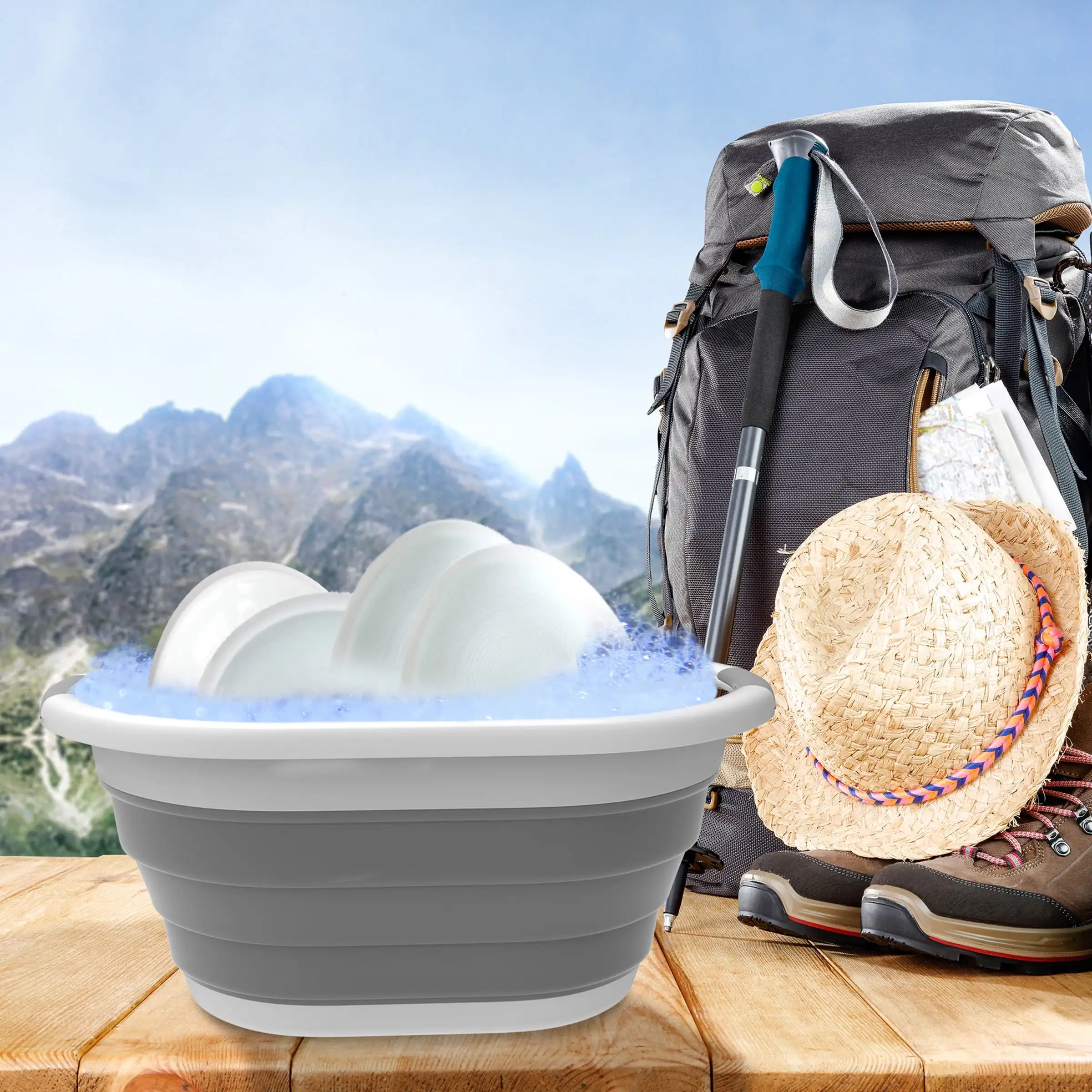 Plastic Rubber Pop-Up Collapsible Basket for Ice, Storage, and More (Gray)