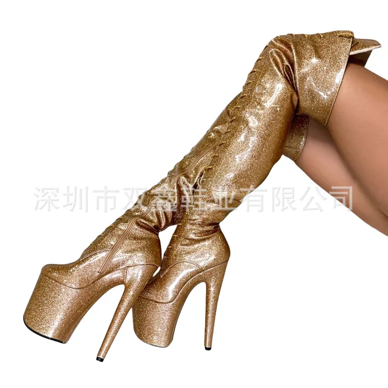 

Glitter Laminated Over Knee High Boots Thin Heels Patent Leather Front Straps Thigh High Tube Long Boots for Erotic Performance