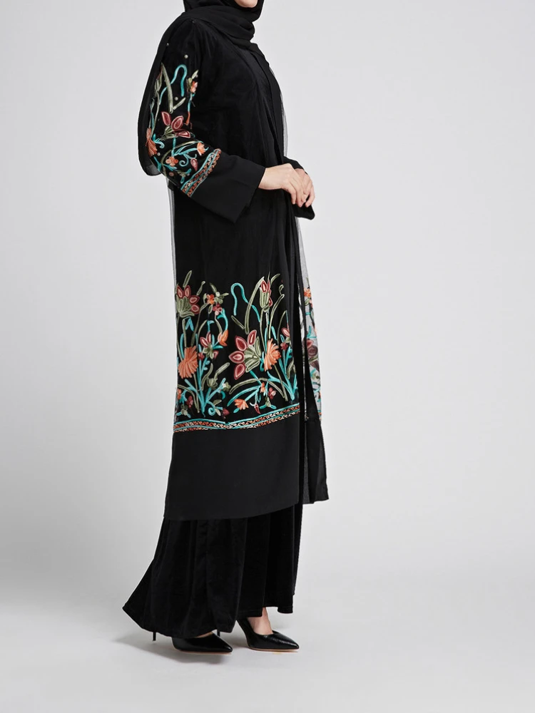 Elegant Embroidery Muslim Abaya for Women Eid Dress Morocco Ramadan Lace-up Abayas Kaftan Islam Cardigan Dubai Arab Long Robe