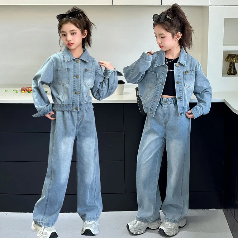 Short Coat Wide-leg Jeans Two-piece Set Grils Children New Korean Loose Casual Solid All-matching Sweet Fashionable