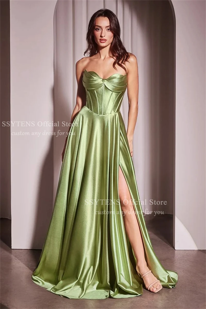 Ssytens elegante cetim vestidos de noite verde longo dama de honra robe de soirée femmes rendas até voltar evento paty vestidos femininos personalizados