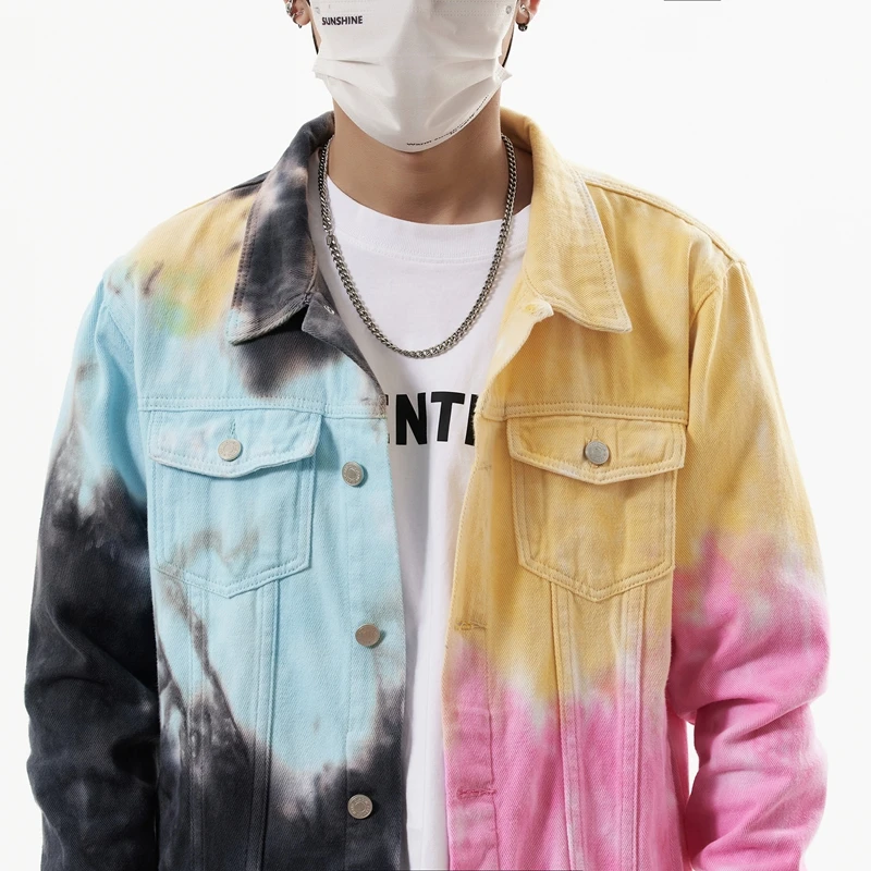 Men's Tie-Dyed Denim Jacket Fashion Fancy Colorful Cotton Loose Outerwear Casual Style Lapel Collar Coat