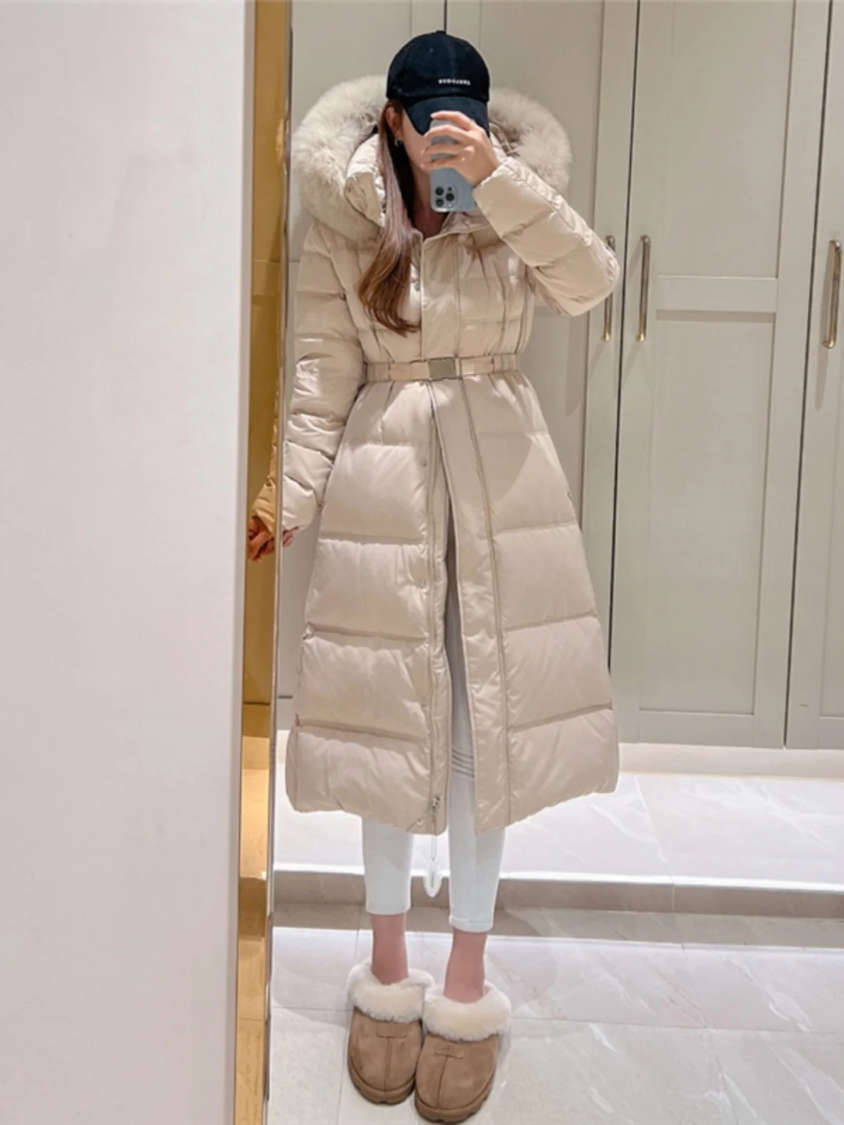 Korean Sle Long Thiened Women's down Jaet Winter Faionable over Knee Slim Fit Waist Inward Coat with Fur Collar