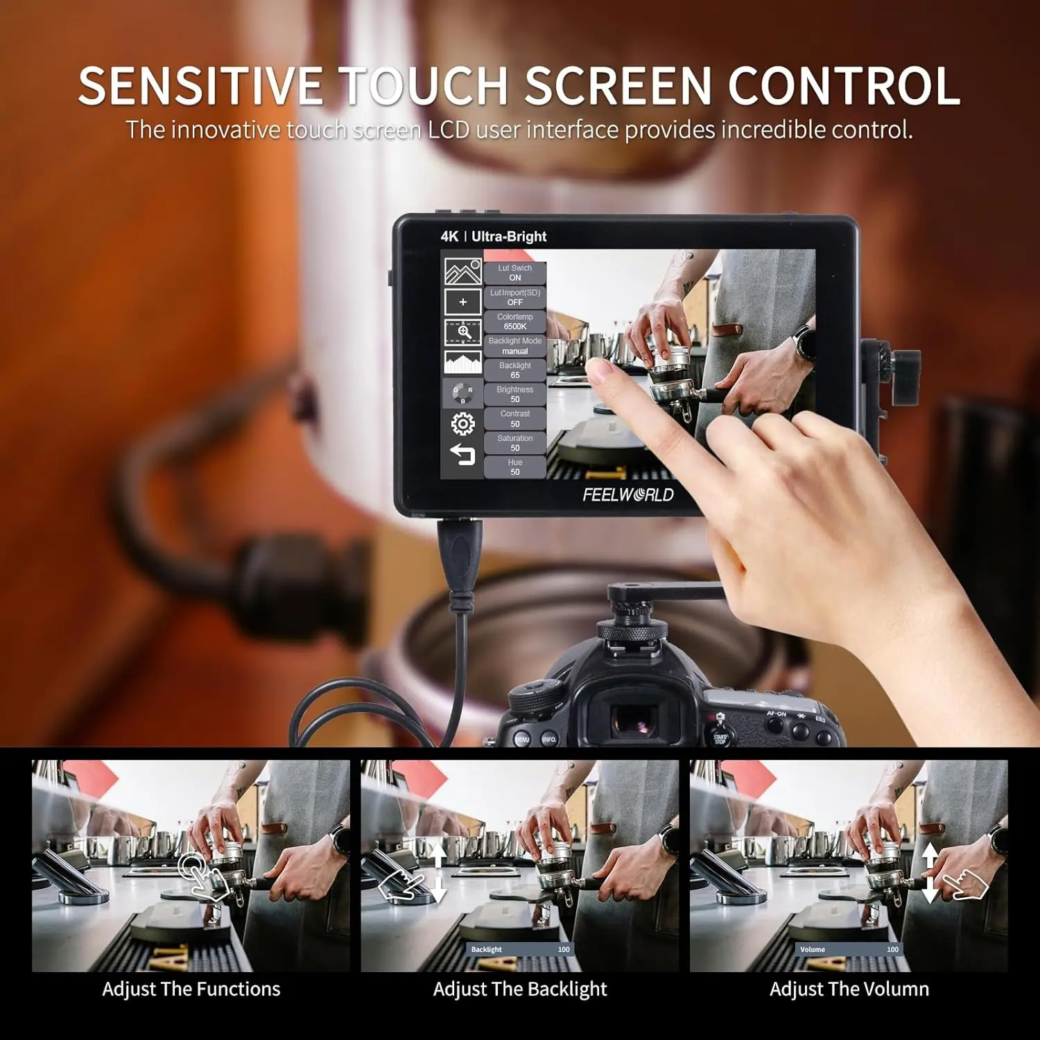 FEELWORLD LUT7 2200NITS DAYLIGHT VIEWABLE LIGHT SENSOR 4K Ultra-Bright Touch- screen Camera Monitor 4K HDMI view 5