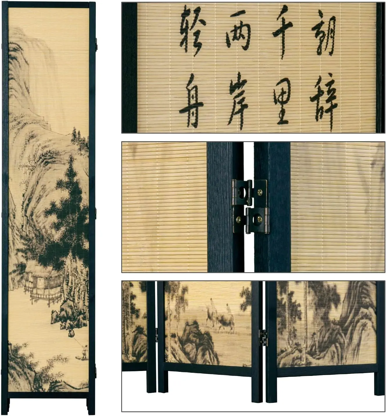 MyGift Decorative 6 Panel Folding Room Divider Bamboo Screen with Chinese Calligraphy Design, Freestanding Floral Artwork Room