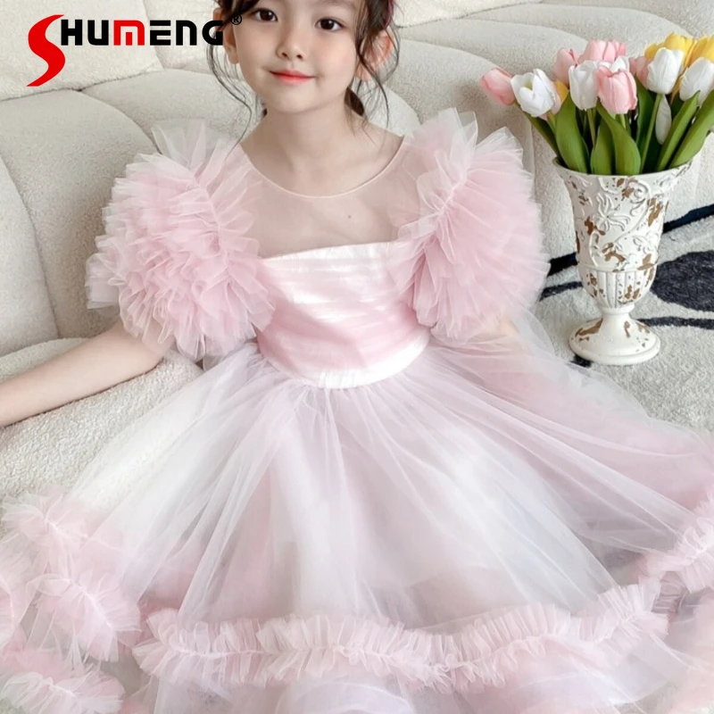 Girl's Super Fairy Princess Pink Dress Summer Pink Birthday Party Flower Dress Children's Round Neck Dress with Headwear